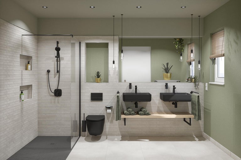 Badrum med dusch, toalett, handfat och spegel