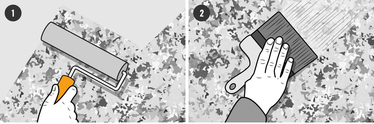 Illustration som visar hur man applicerar färg med en roller och en pensel.