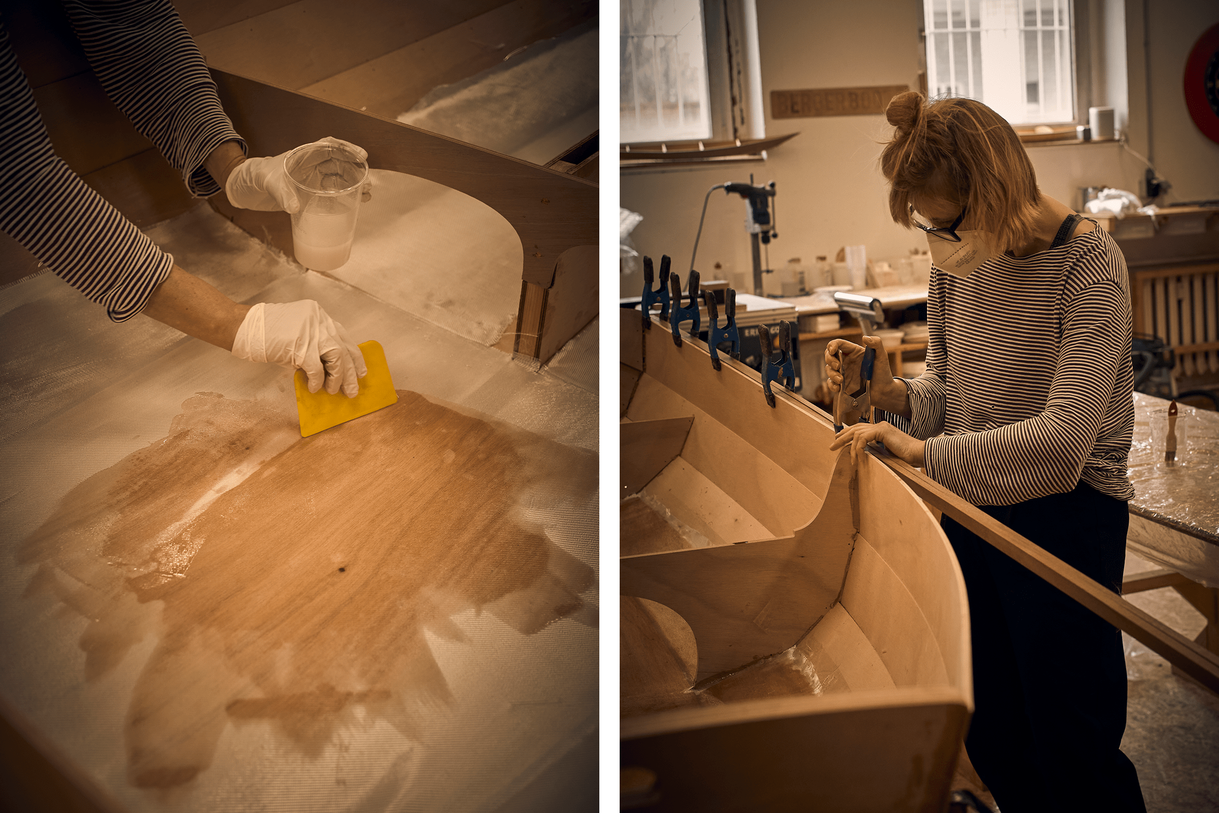 Två scener visar konstruktionen av en träbåt med epoxiharts och glasfiberväv.