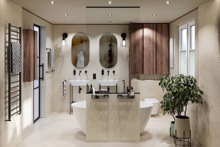 Modernt badrum med dubbelt tvättställ, ovala speglar, fristående badkar, träskåp och handdukstork.