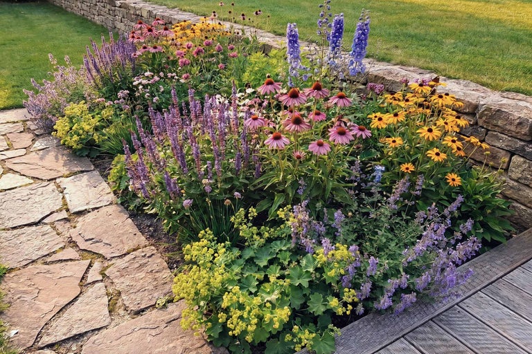 Trädgårdsrabatt med perenner som solhatt, salvia och riddarsporre bredvid en naturstensmur och en stenstig.
