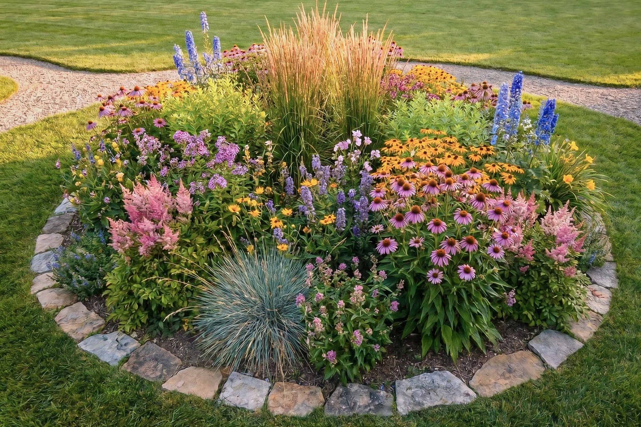 Rund blomrabatt med solhatt, astilbe och prydnadsgräs, inramad med natursten.