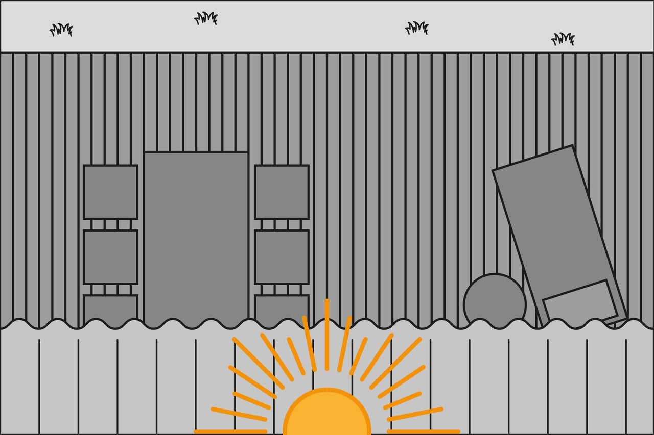 Illustration av ett trädgårdsstaket med trädgårdsmöbler och vegetation