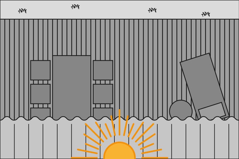 Illustration av ett trädgårdsstaket med trädgårdsmöbler och vegetation