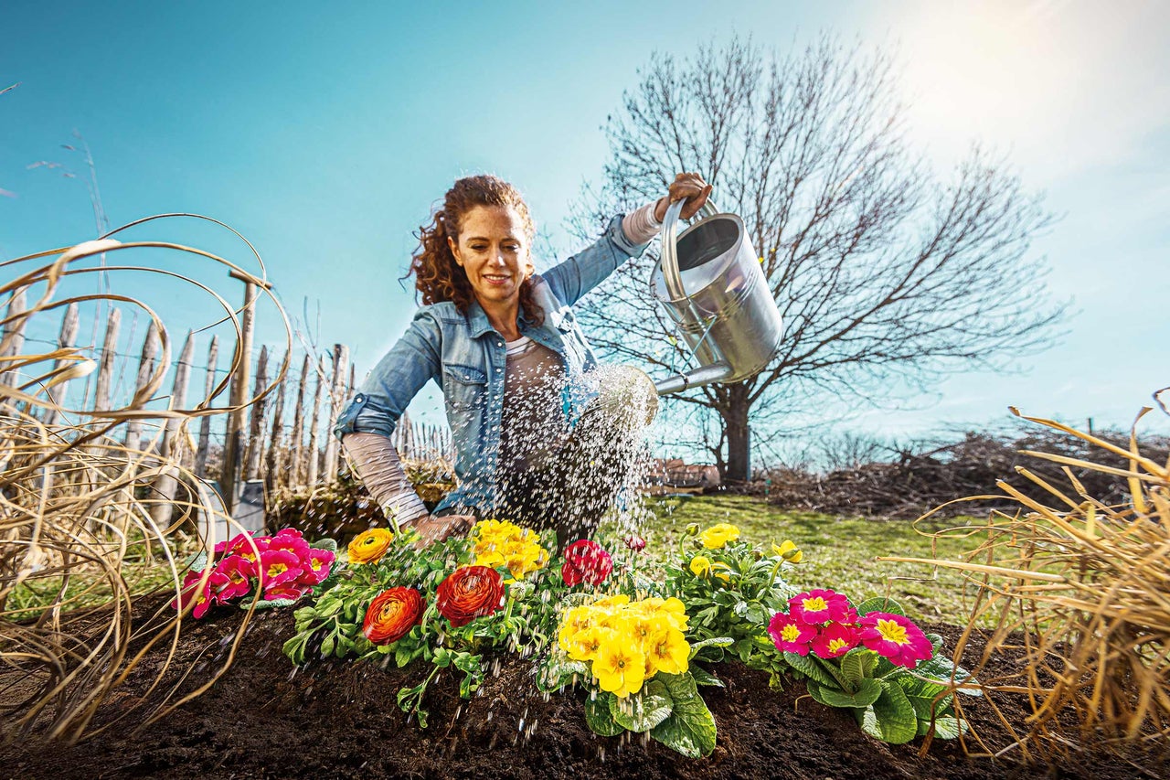 Kvinna vattnar blommor med en vattenkanna i trädgården.