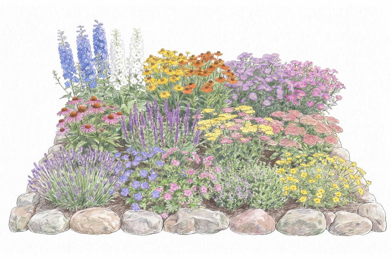Illustrerad planteringsplan för en perennrabatt med blommor som riddarsporre, solhatt och lavendel, inramad av naturstenar.