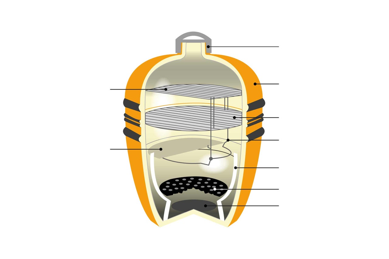 Illustration av en keramisk grill i genomskärning med grillgaller och kolkorg