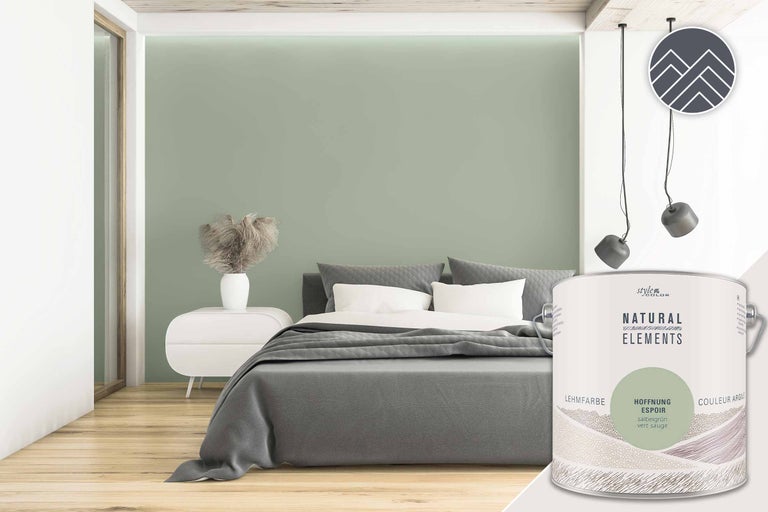 Sovrum med lerfärg i salviagrön och färgburk