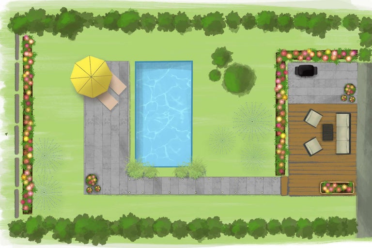 Översikt av en trädgårdsdesign med pool, terrass och växter