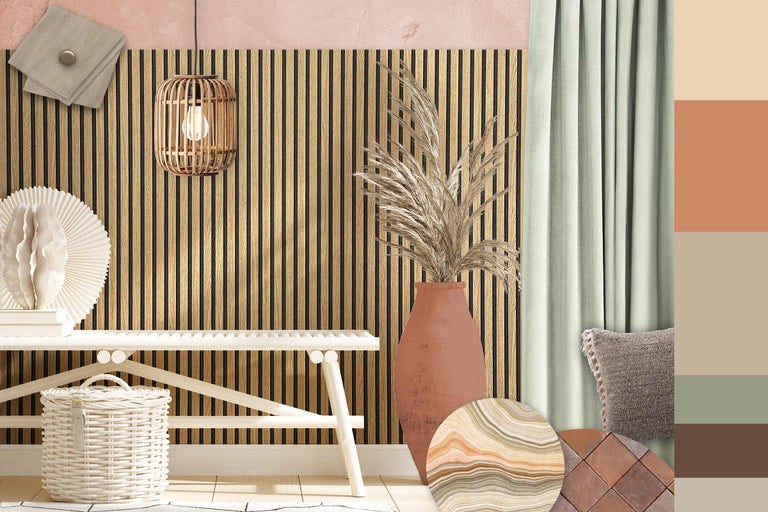 Dekorativ rumsdesign med träpaneler, bänk, lampa och hemtillbehör.