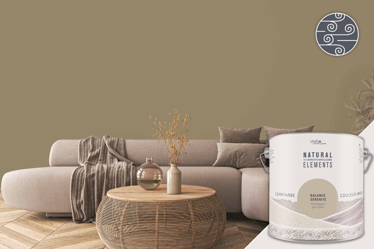 Vardagsrum med lerfärg i mångrått och färgburk