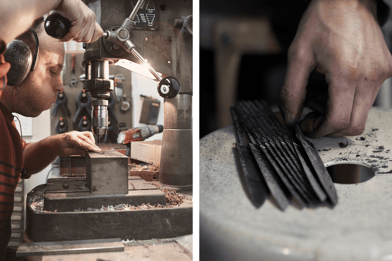 En person borrar ett hål i ett arbetsstycke med en pelarborrmaskin; närbild av metallprodukter