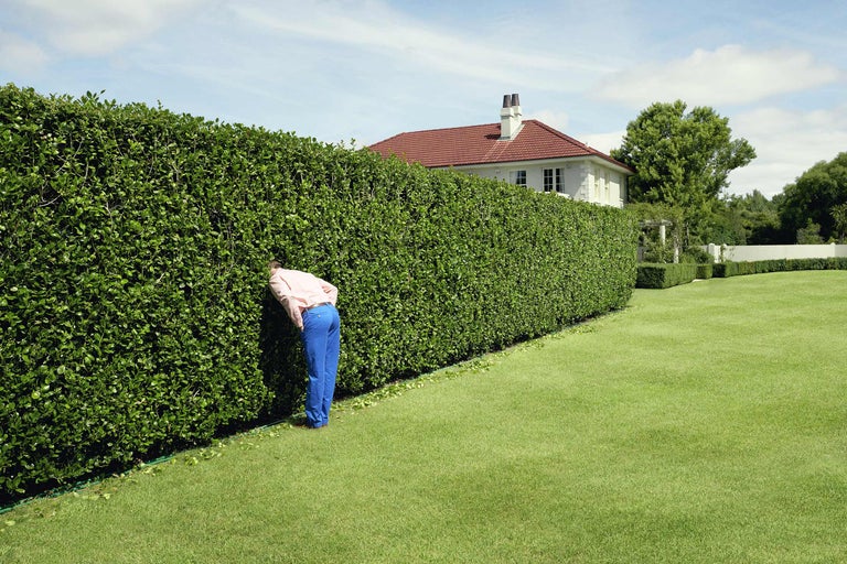 Man tittar in i en tät, klippt häck i en trädgård
