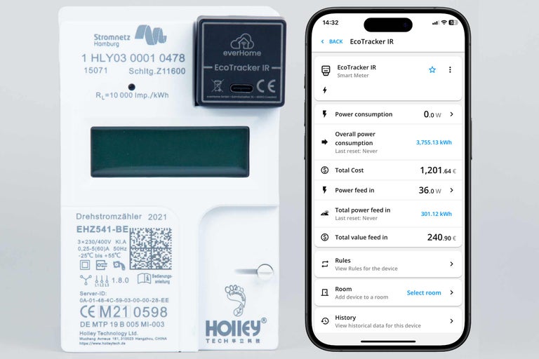 Elmätare med ansluten EcoTracker IR och smartphoneapp för förbrukningsdisplay