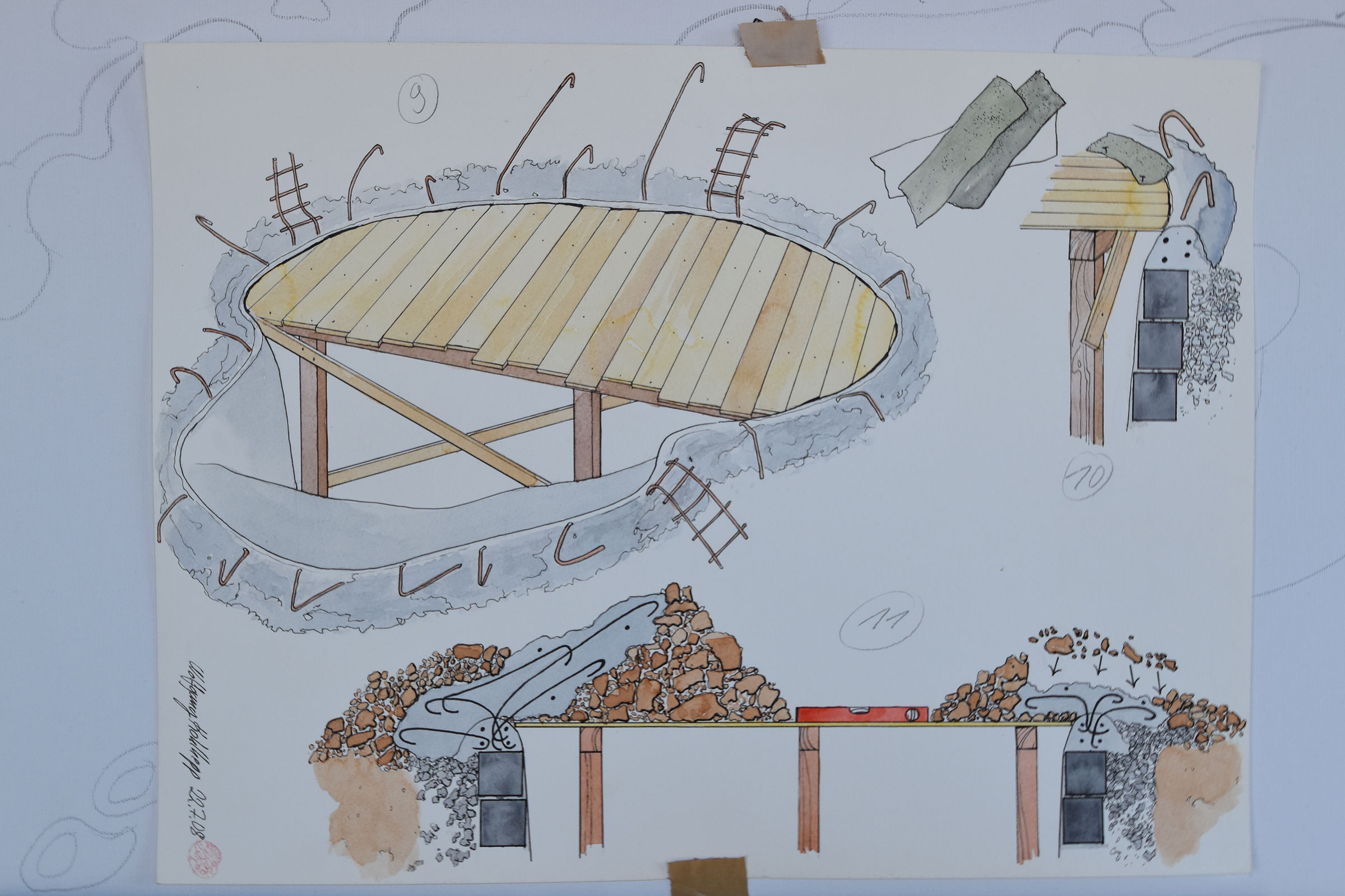 Skiss av en träterrass med betongfundament och armering