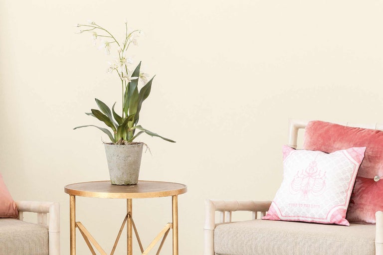 Dekorativ interiör med bord, krukväxt och kuddar