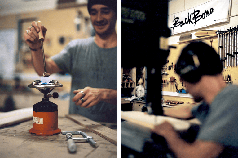 Verkstadsscen med hantverkare, spis, verktyg och Backbone-logotyp