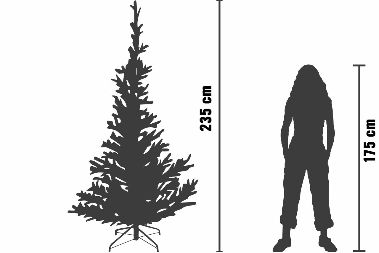Storleksjämförelse: 235 centimeter hög konstgjord julgran bredvid en 175 centimeter lång person
