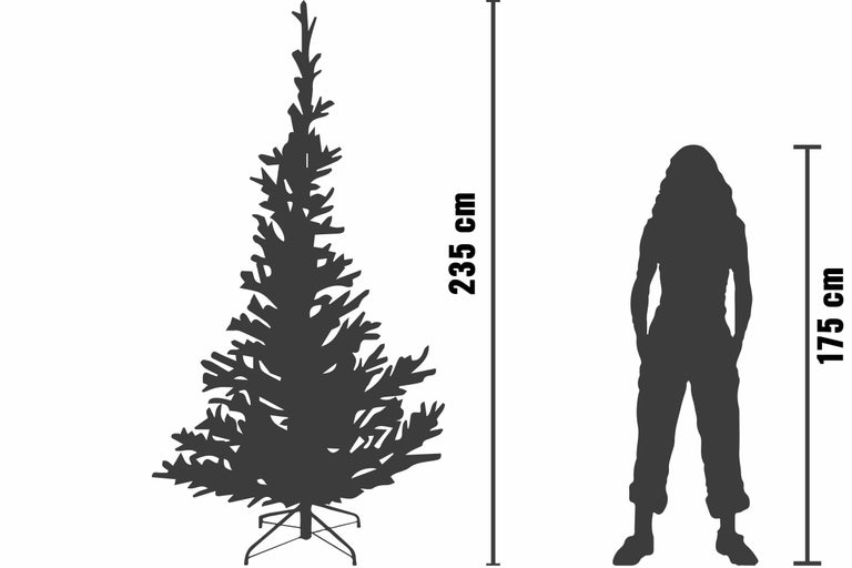 Storleksjämförelse: 235 centimeter hög konstgjord julgran bredvid en 175 centimeter lång person