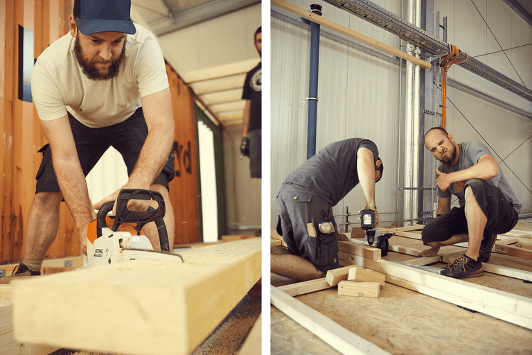 På bilden syns två hantverkare som arbetar med trä, den ena sågar en bräda med en motorsåg och den andra monterar trä med en batteridriven skruvdragare.