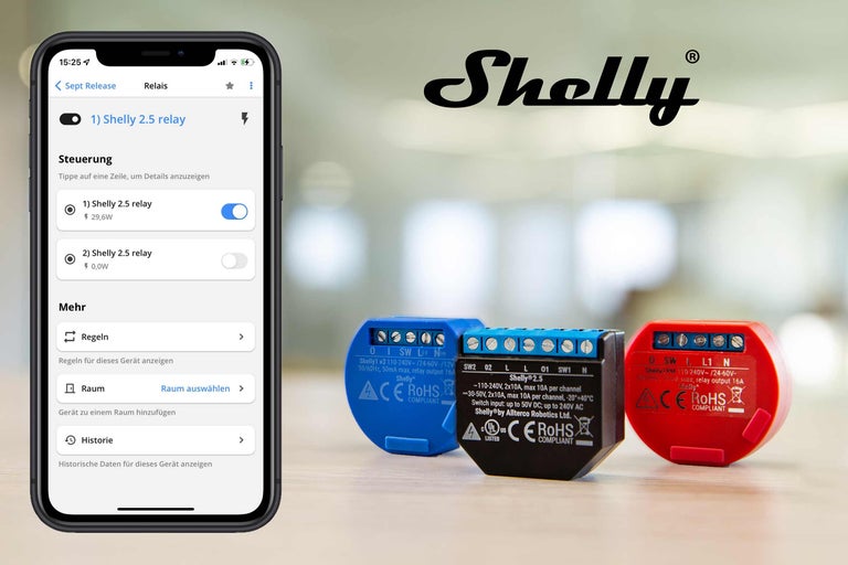 Smartphone med Shelly-app och Shelly 2.5-relä