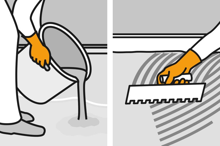 Illustration av golvavjämningsarbete: Hälla ut avjämningsmassa och fördela med en tandspackel