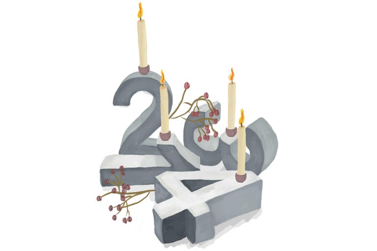 Dekorativa adventsiffror med ljus och bärkvistar