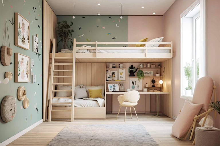 Barnrum med loftsäng, skrivbord och sittplatser i ljus design
