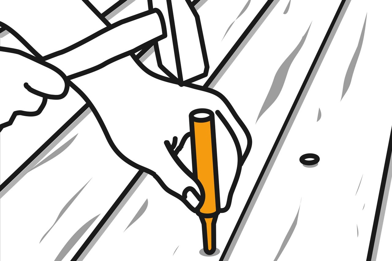 Illustration av en man som slår in en plugg i en träplanka med en hammare