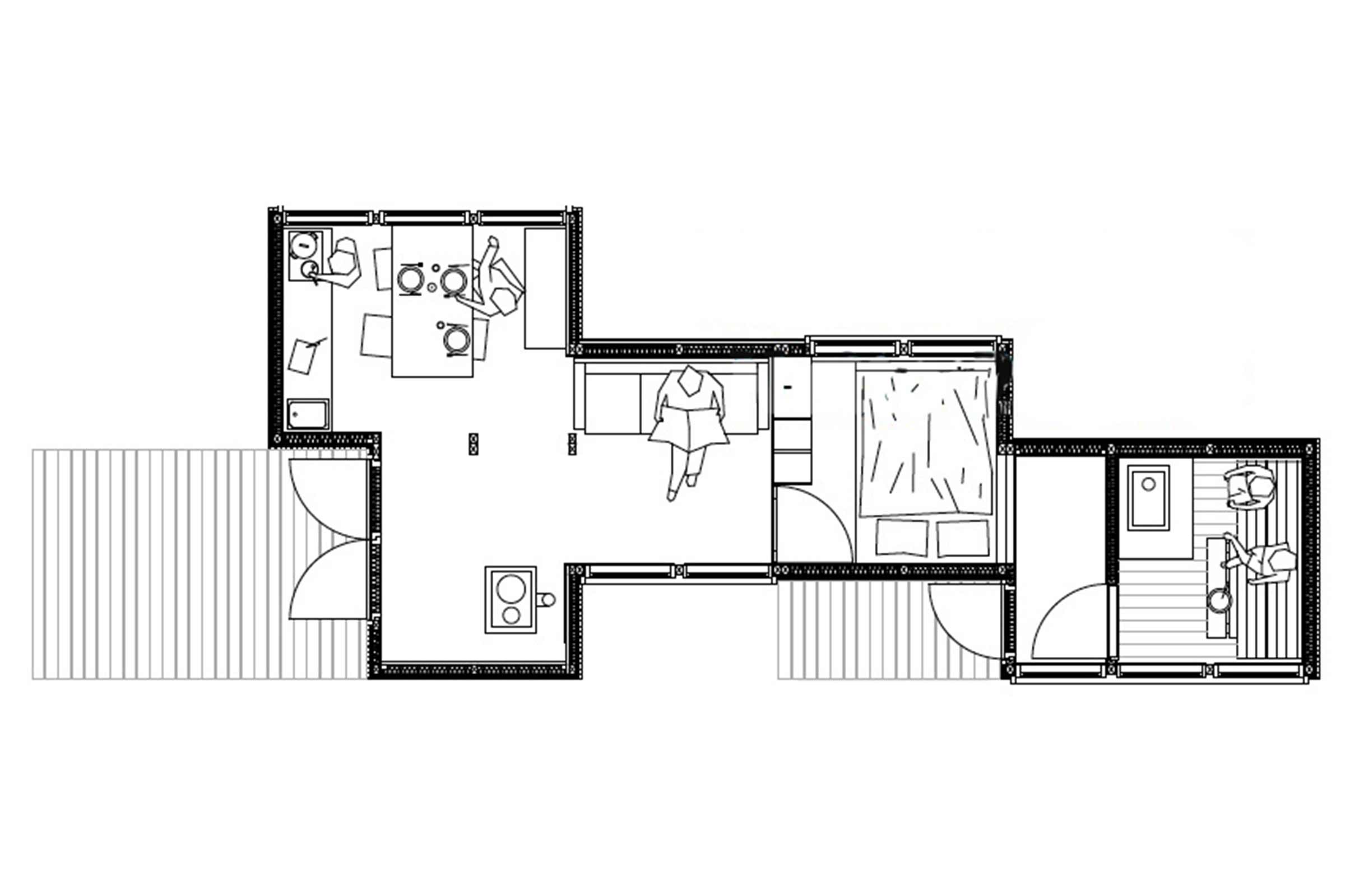 Planritning av ett hus med vardagsrum, sovrum och badrum