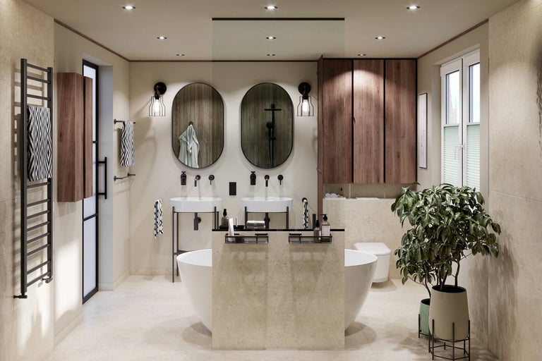 Badrum med badkar, handfat, speglar, handdukstork och förvaringsskåp i ljus design.