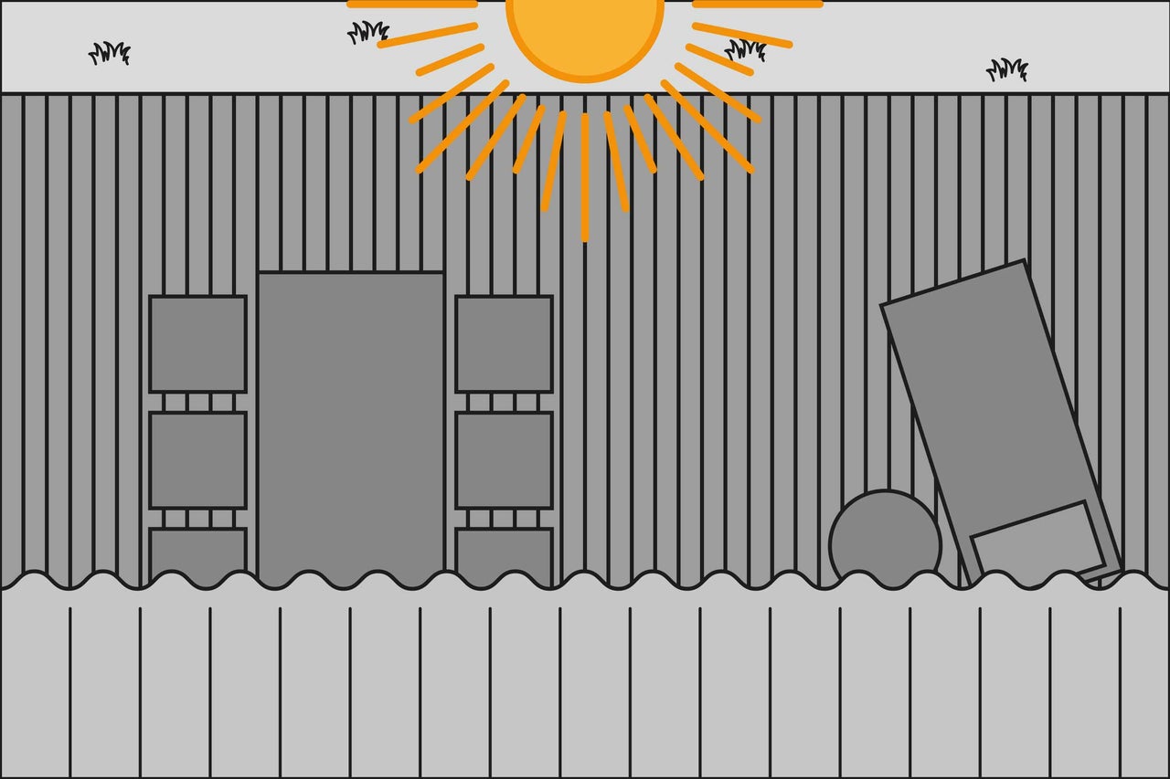 Illustration av en avloppsreningsverk med galler, tankar och sol