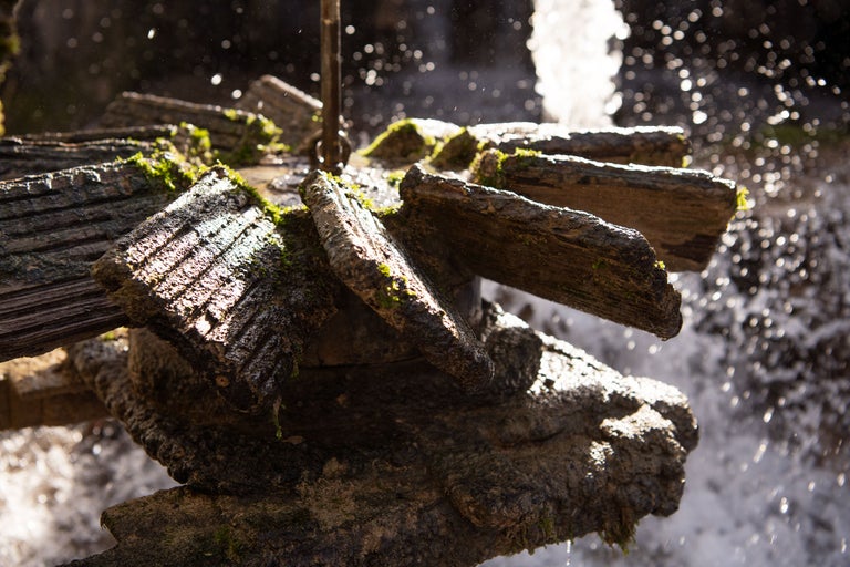 Närbild av ett vattenhjul med mossa