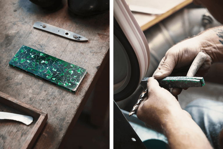 Bilden visar tillverkningen av en kniv med ett handtag av epoxiharts.