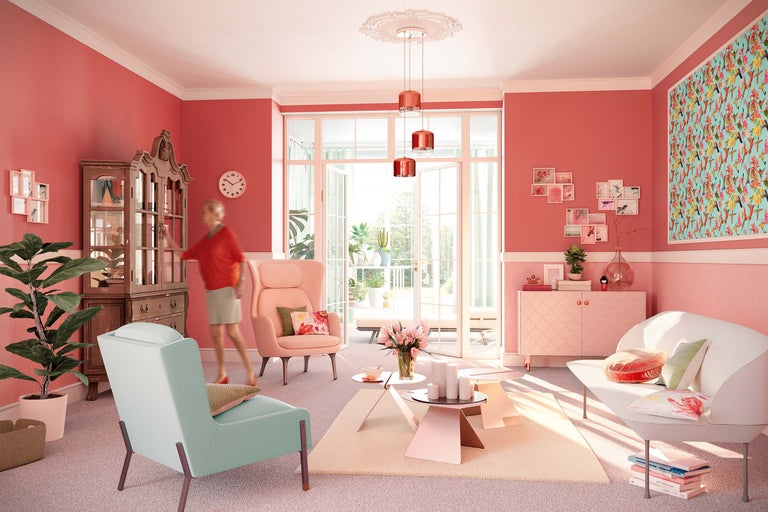 Vardagsrum med möbler, dekoration och textilier i olika pastellfärger och öppen tillgång till balkongen