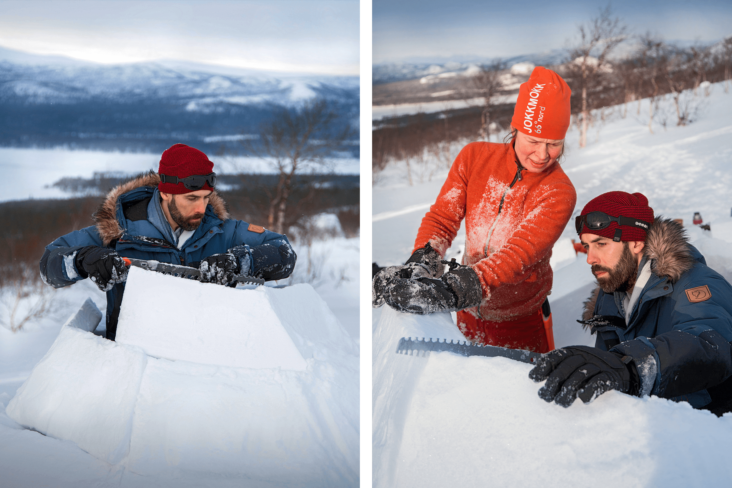Två personer bygger en igloo med en snösåg i ett snöigt landskap.