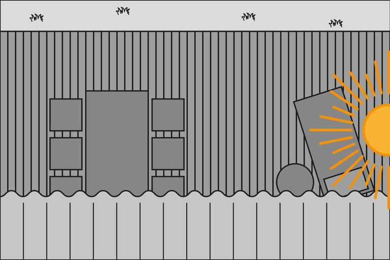Abstrakt trädgårdsscen med staket, växter och sol