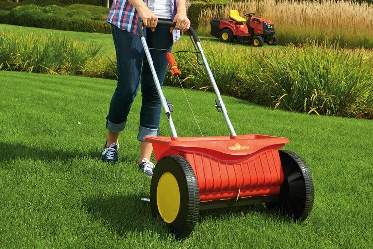 En kvinna använder en spridare på en gräsmatta, med en gräsklippare i bakgrunden.