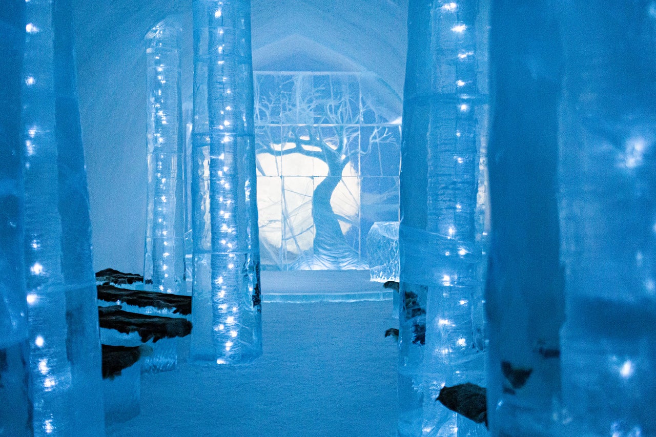 Isrum med isskulpturer och trädbild