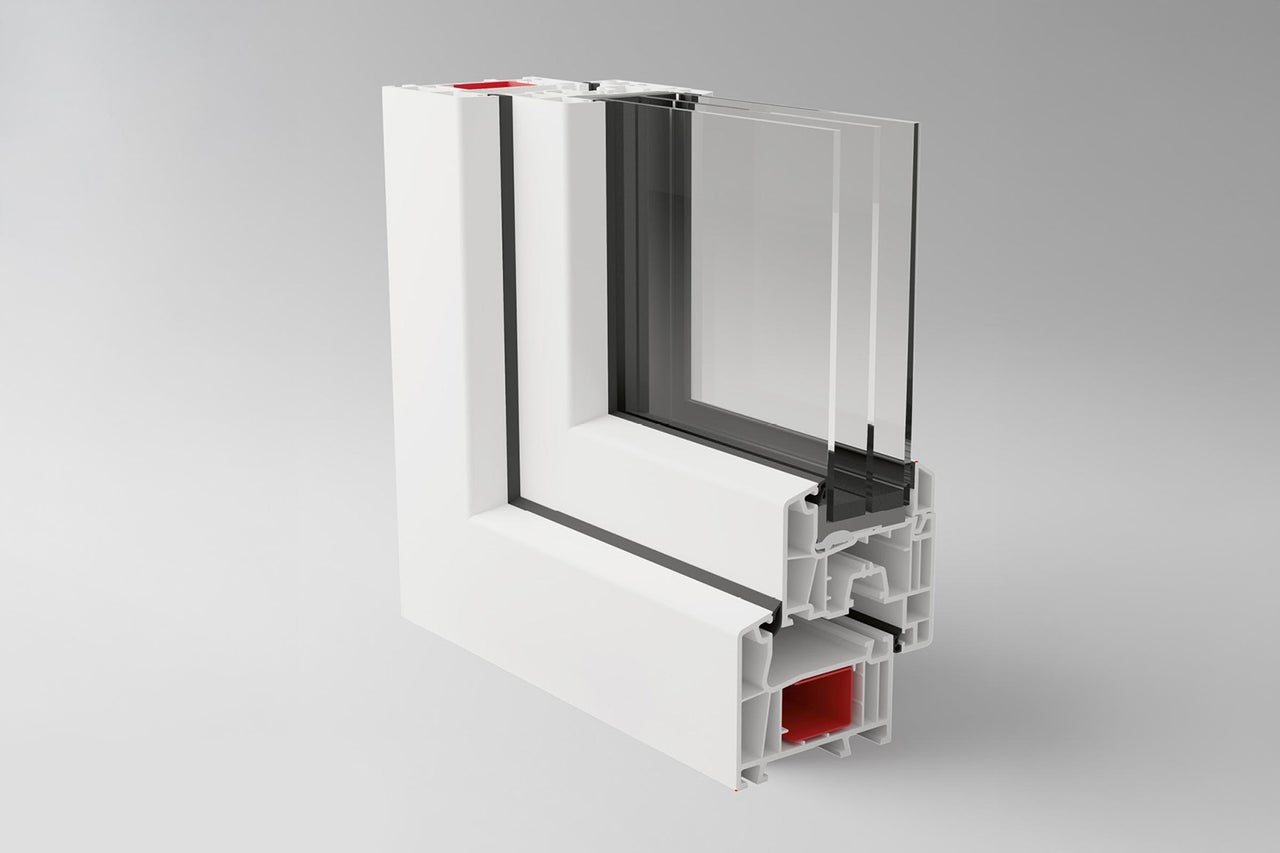 Tvärsnitt av ett plastfönster med flerdubbelglas