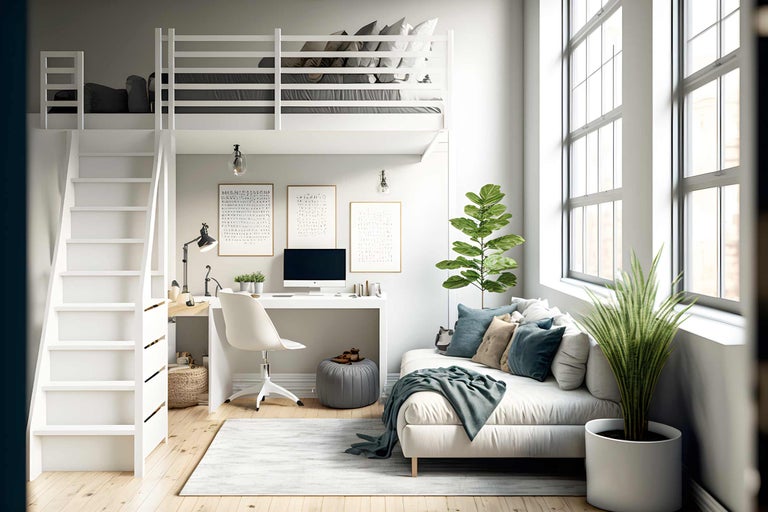 Ljust rum med loftsäng, skrivbord, soffa och krukväxter.