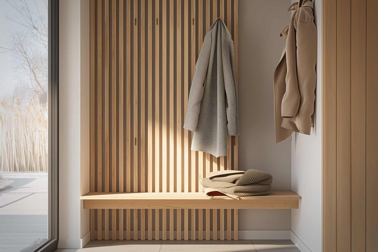 Garderob i trä med sittbänk och jackor