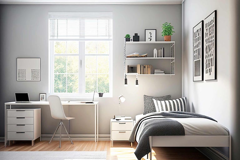 Ljust rum med säng, skrivbord och hylla