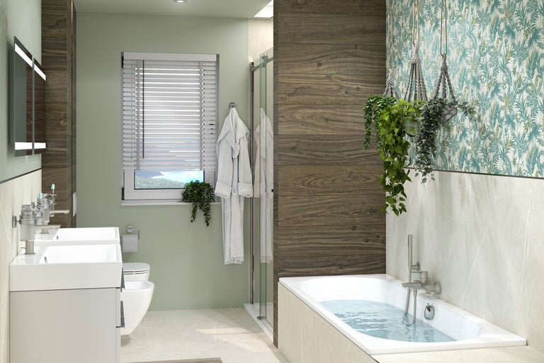 Badrum med dubbla handfat, badkar, dusch och fönster