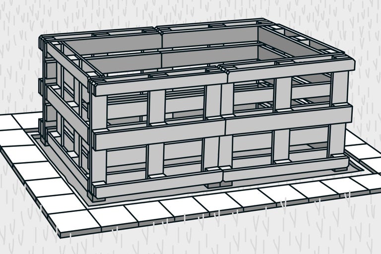 Illustration av en tvåvånings hög säng på ett klinkergolv.