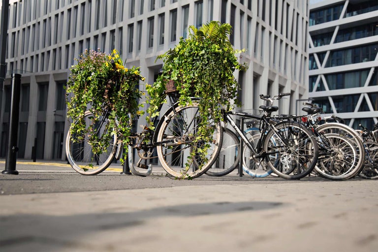 Cyklar i ett cykelställ, dekorerade med växter