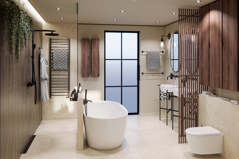 Ljust badrum med badkar, handfat, toalett och träelement