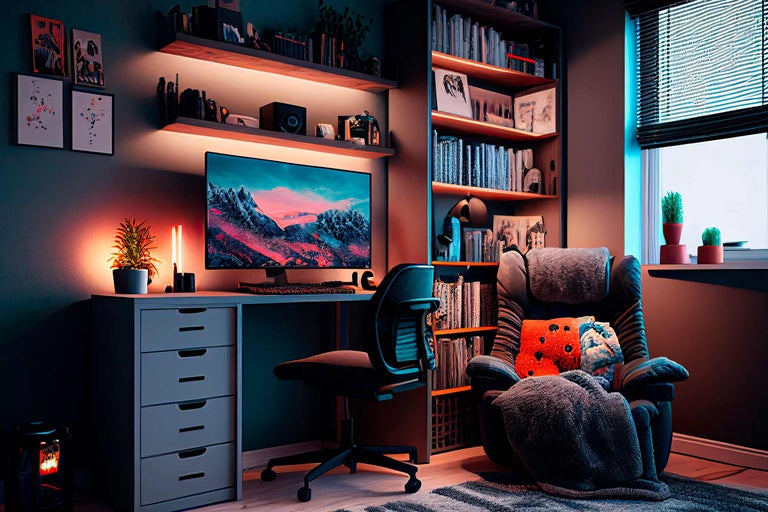 Ljust arbetsrum med skrivbord, kontorsstol, hyllor och bekväm fåtölj