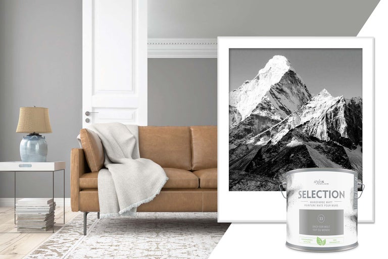 Vardagsrum med brun soffa, lampa, inramat bergmotiv och burk Style Color Selection väggfärg matt