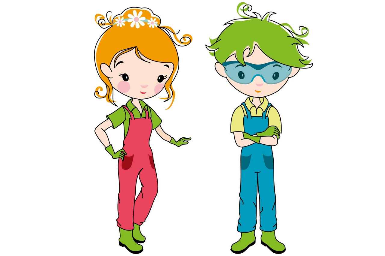 Illustration av två trädgårdsmästare med hängselbyxor och stövlar